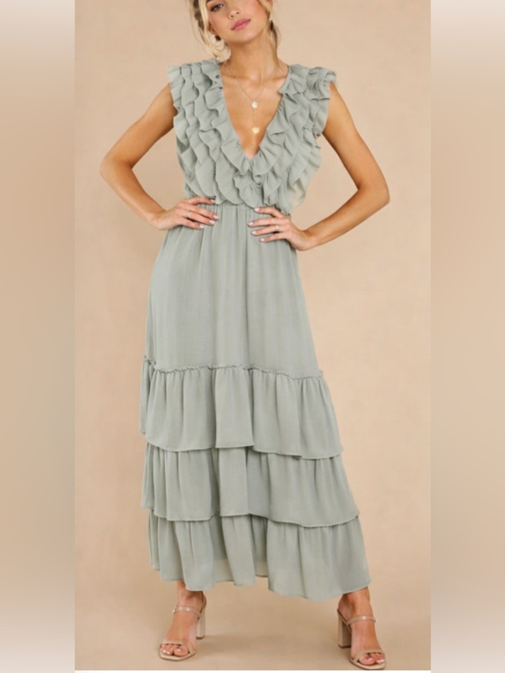 Sweet Lemon Ruffle Tiered Seafoam Sage Green Boutique Open Back Maxi Dress M